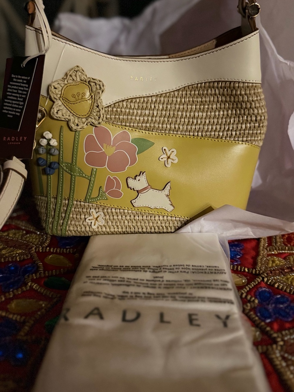 RADLEY LONDON Yellow, Cream & Natural Woven Floral Appliqué Collectible Bag
